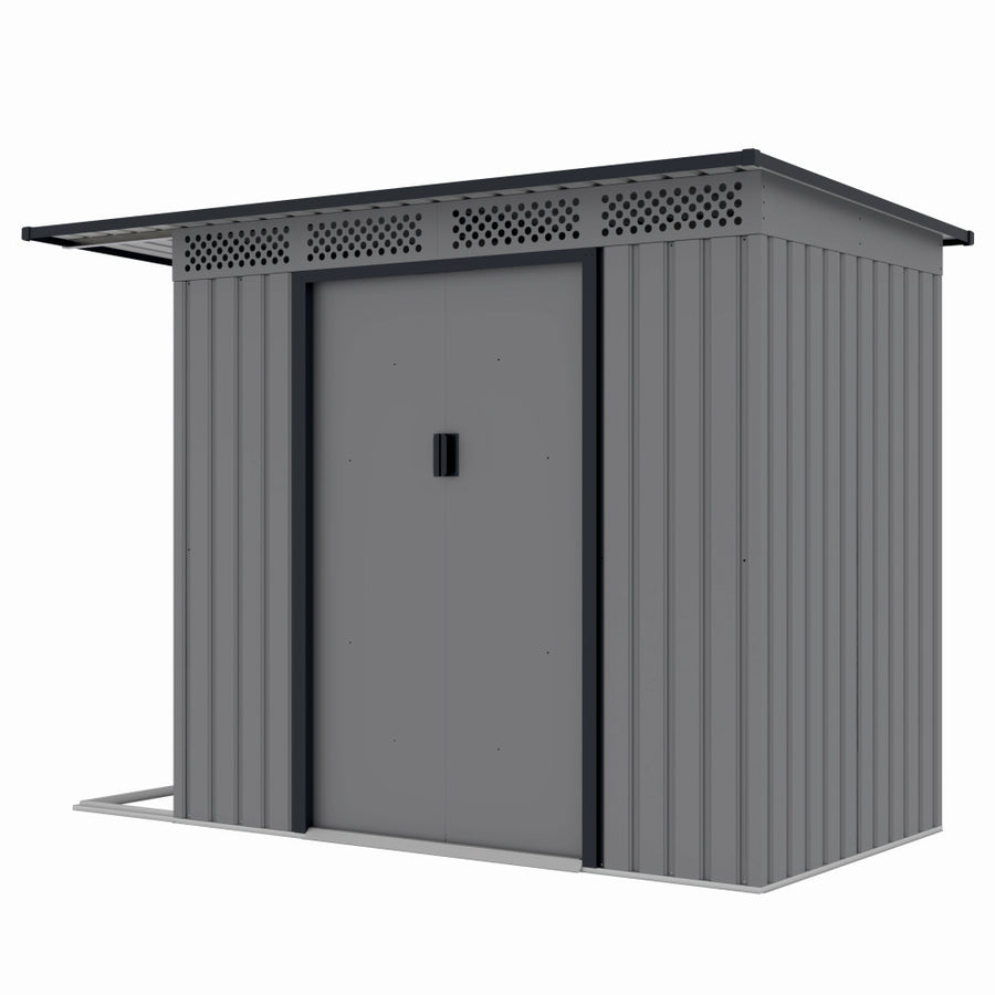 Casuta / magazie de gradina premium metalica, MESTERINO Chester-A, Gri/Bej, dimensiuni 257x142x184 cm, cu usi culisante si baza metalica