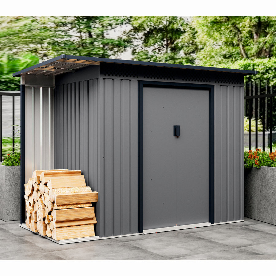 Casuta / magazie de gradina premium metalica, MESTERINO Chester-A, Gri/Bej, dimensiuni 257x142x184 cm, cu usi culisante si baza metalica
