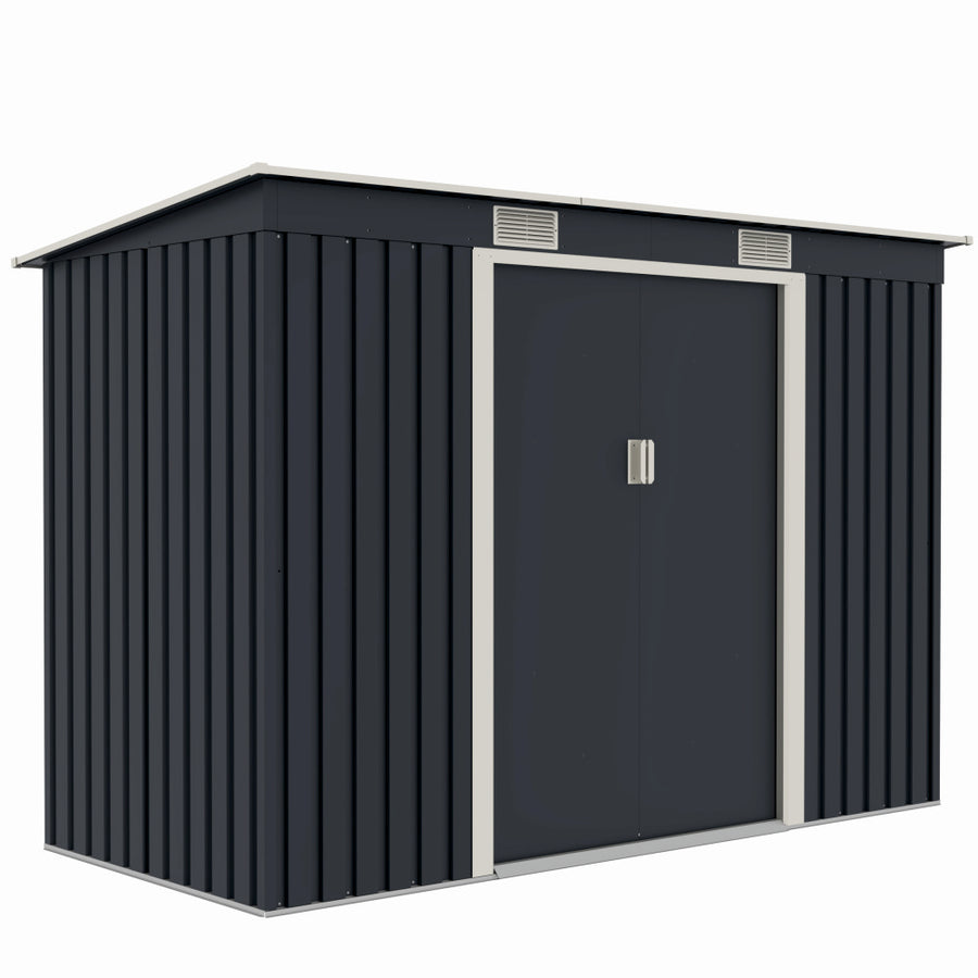 Casuta / magazie de gradina premium metalica, MESTERINO S2001-B, Gri/Bej, dimensiuni 261x121x176 cm, cu usi culisante si baza metalica