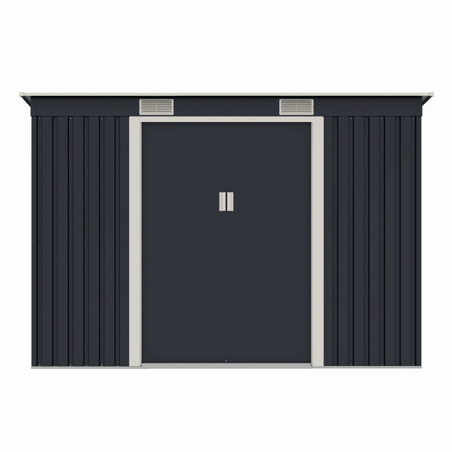 Casuta / magazie de gradina premium metalica, MESTERINO S2001-B, Gri/Bej, dimensiuni 261x121x176 cm, cu usi culisante si baza metalica