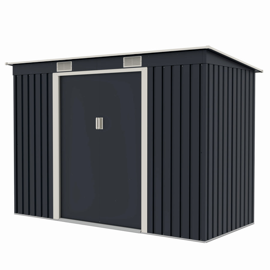 Casuta / magazie de gradina premium metalica, MESTERINO S2001-B, Gri/Bej, dimensiuni 261x121x176 cm, cu usi culisante si baza metalica