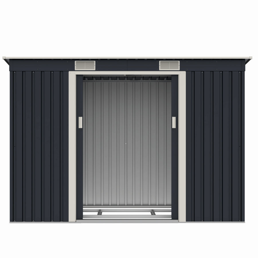 Casuta / magazie de gradina premium metalica, MESTERINO S2001-B, Gri/Bej, dimensiuni 261x121x176 cm, cu usi culisante si baza metalica