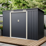 Casuta / magazie de gradina premium metalica, MESTERINO S2001-B, Gri/Bej, dimensiuni 261x121x176 cm, cu usi culisante si baza metalica