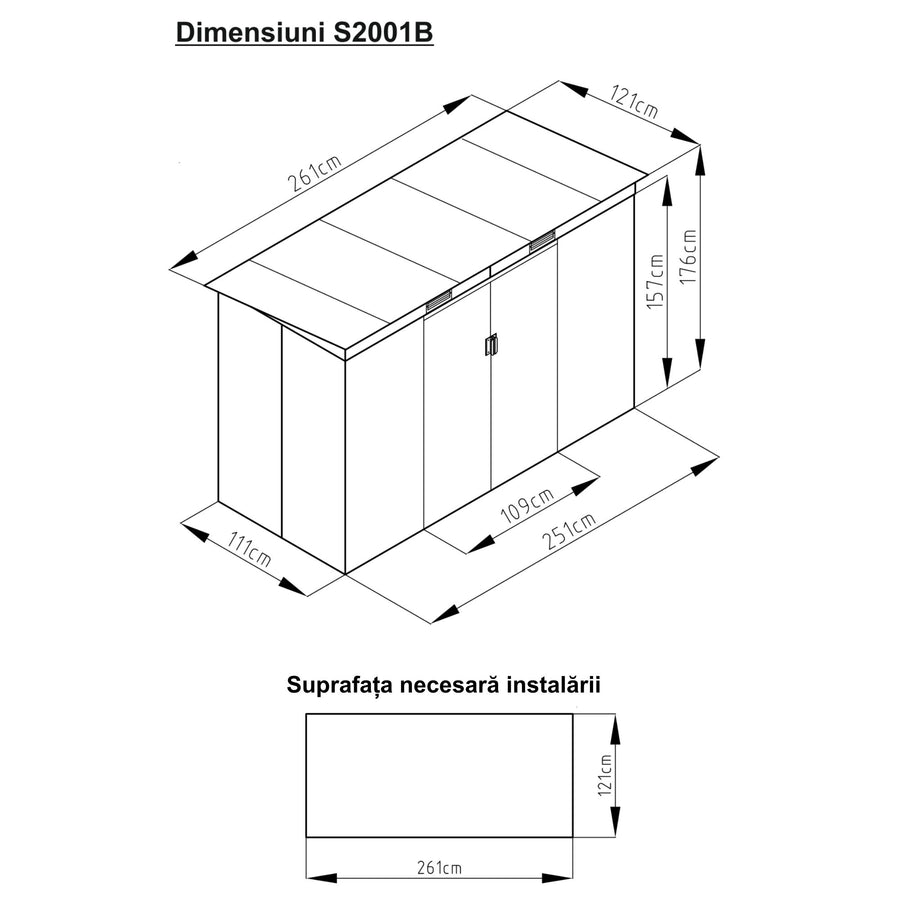 Casuta / magazie de gradina premium metalica, MESTERINO S2001-B, Gri/Bej, dimensiuni 261x121x176 cm, cu usi culisante si baza metalica