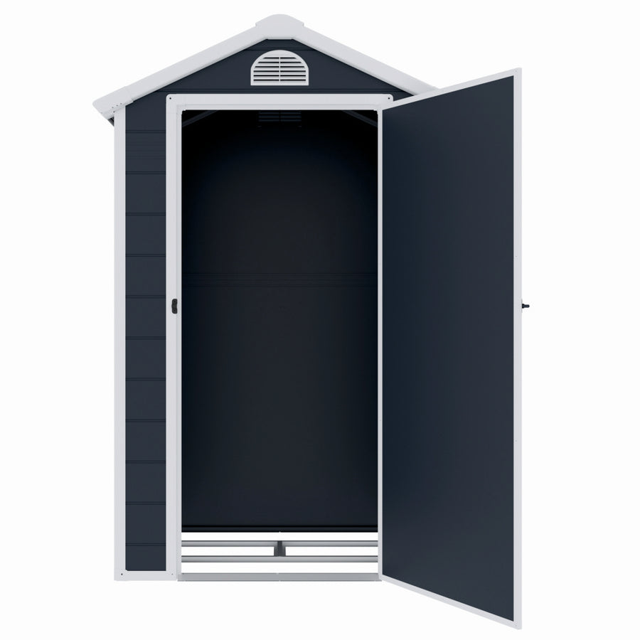 Casuta / magazie de gradina premium, panel plastic si ranforsare metal, MESTERINO AVE-A, Gri, dimensiuni 134x104x204 cm, usa cu balama, baza metalica