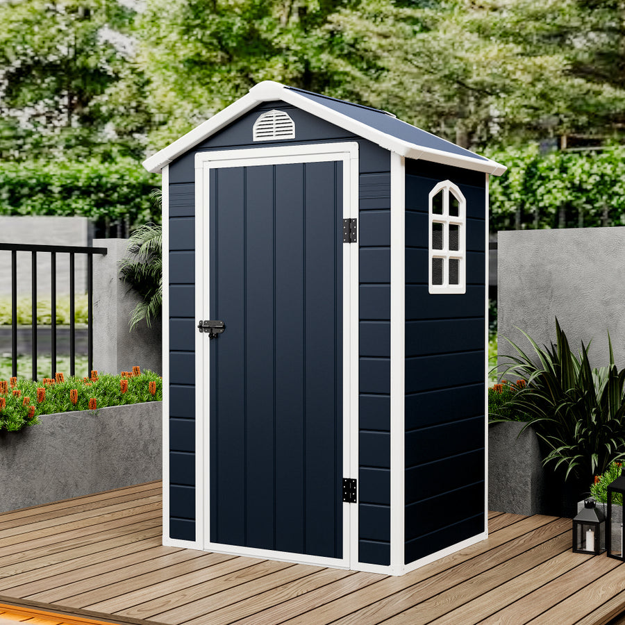 Casuta / magazie de gradina premium, panel plastic si ranforsare metal, MESTERINO AVE-A, Gri, dimensiuni 134x104x204 cm, usa cu balama, baza metalica