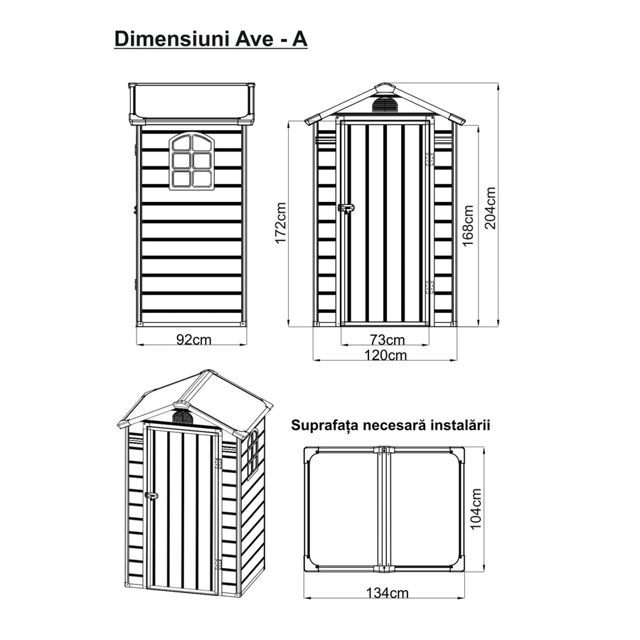 Casuta / magazie de gradina premium, panel plastic si ranforsare metal, MESTERINO AVE-A, Gri, dimensiuni 134x104x204 cm, usa cu balama, baza metalica