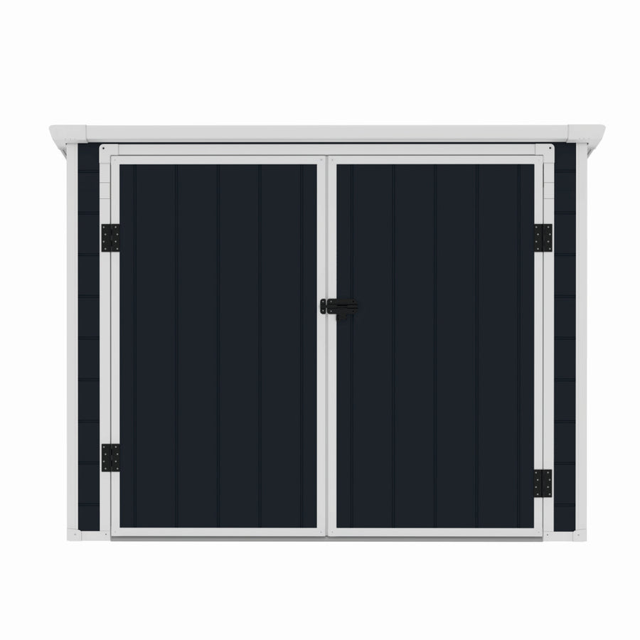 Casuta / magazie de gradina premium, panel plastic si ranforsare metal, MESTERINO Colin-A, Gri/Bej, dimensiuni 199x90x149 cm, usi cu balama, baza metalica
