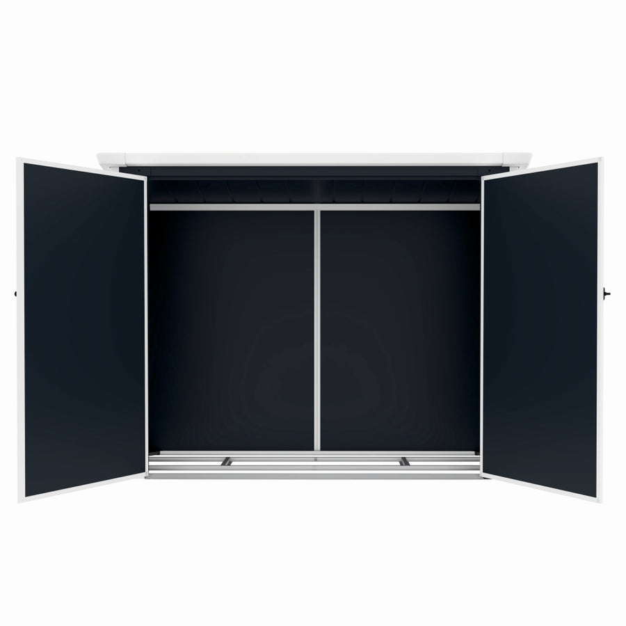 Casuta / magazie de gradina premium, panel plastic si ranforsare metal, MESTERINO Colin-A, Gri/Bej, dimensiuni 199x90x149 cm, usi cu balama, baza metalica