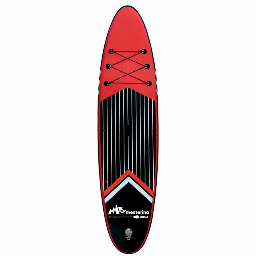 Set placa gonflabila Stand Up Paddle Mesterino Aqua SUP081, 320x81x15cm, geantă de transport, vasla, pompa, scaun, lesa, kit de reparatii, culoare Abstract Negru-Rosu