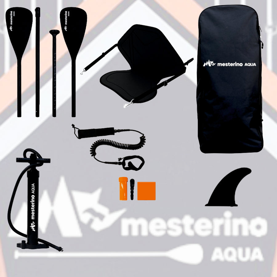 Set placa gonflabila Stand Up Paddle Mesterino Aqua SUP081, 320x81x15cm, geantă de transport, vasla, pompa, scaun, lesa, kit de reparatii, culoare Abstract Negru-Rosu