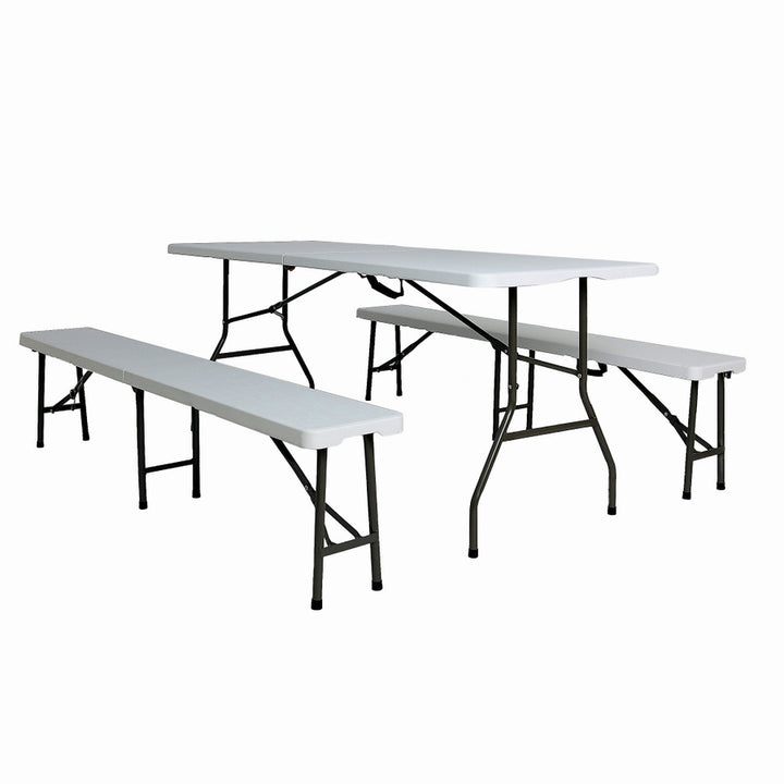 Set masa pliabila 4 persoane din otel cu HDPE 180x70x74 cm + doua banci pliabile din otel si HDPE 183x28x43cm, MESTERINO FURNITURE KJC2061-SET, culoare alba