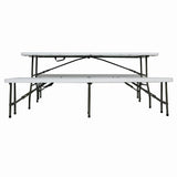Set masa pliabila 4 persoane din otel cu HDPE 180x70x74 cm + doua banci pliabile din otel si HDPE 183x28x43cm, MESTERINO FURNITURE KJC2061-SET, culoare alba