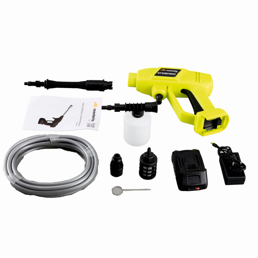 Aparat de spalat cu presiune pe acumulator MESTERINO TOOLS NT20BHW02, putere 180W, debit 3 L/min, presiune 10 bar, acumulator 2A / 21V, lungime furtun 5 m