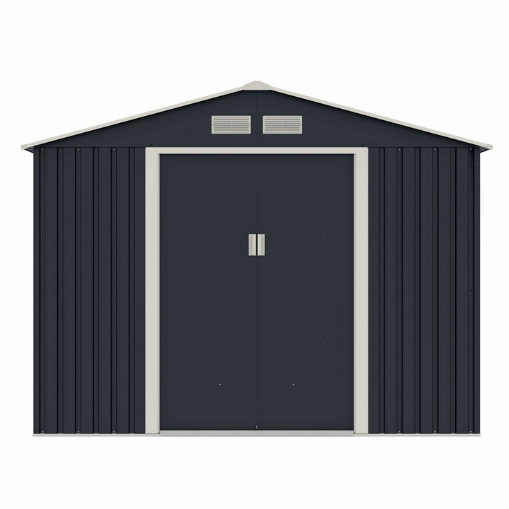 Casuta / magazie de gradina metalica MESTERINO S1001-D gri/bej 261x241x198 cm, usi culisante, baza metalica CADOU