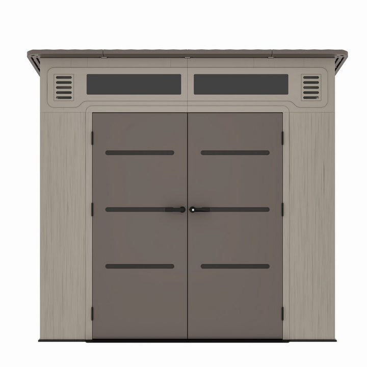 Casuta / magazie de gradina din polietilena HDPE Mesterino HUME-A, usi si acoperis maro, pereti gri antracit, 254x254x230 cm, cu podea din plastic HDPE, cinci carlige si doua polite CADOU