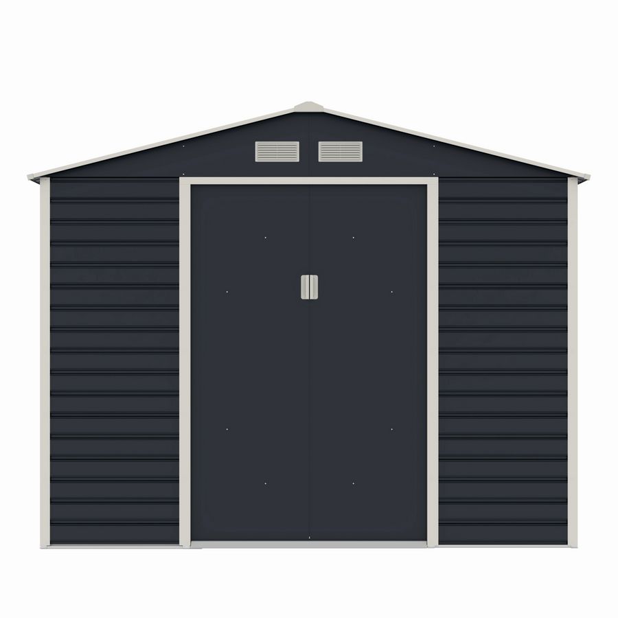 Casuta / magazie de gradina metalica MESTERINO Evan-Plus-E, gri/bej, 277x322x221 cm, cu usi culisante, baza metalica CADOU
