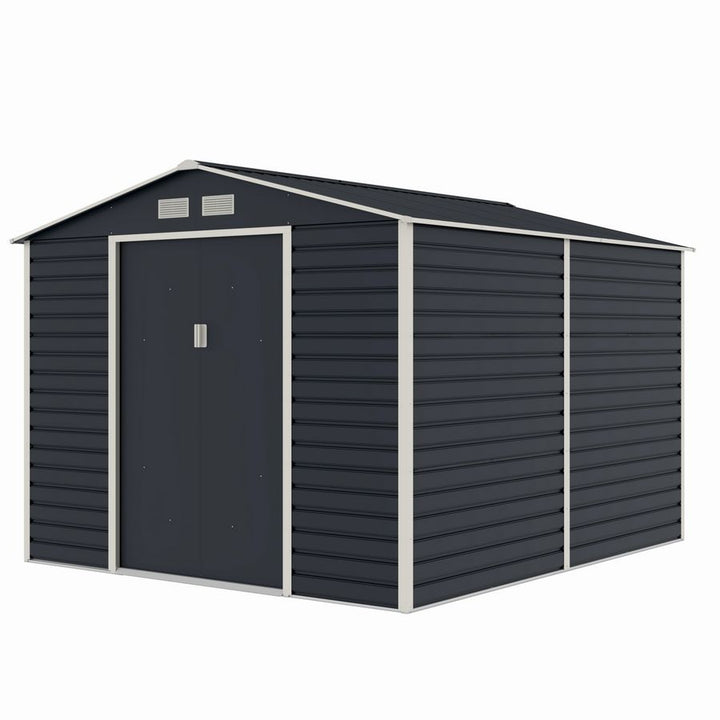 Casuta / magazie de gradina metalica MESTERINO Evan-Plus-E, gri/bej, 277x322x221 cm, cu usi culisante, baza metalica CADOU