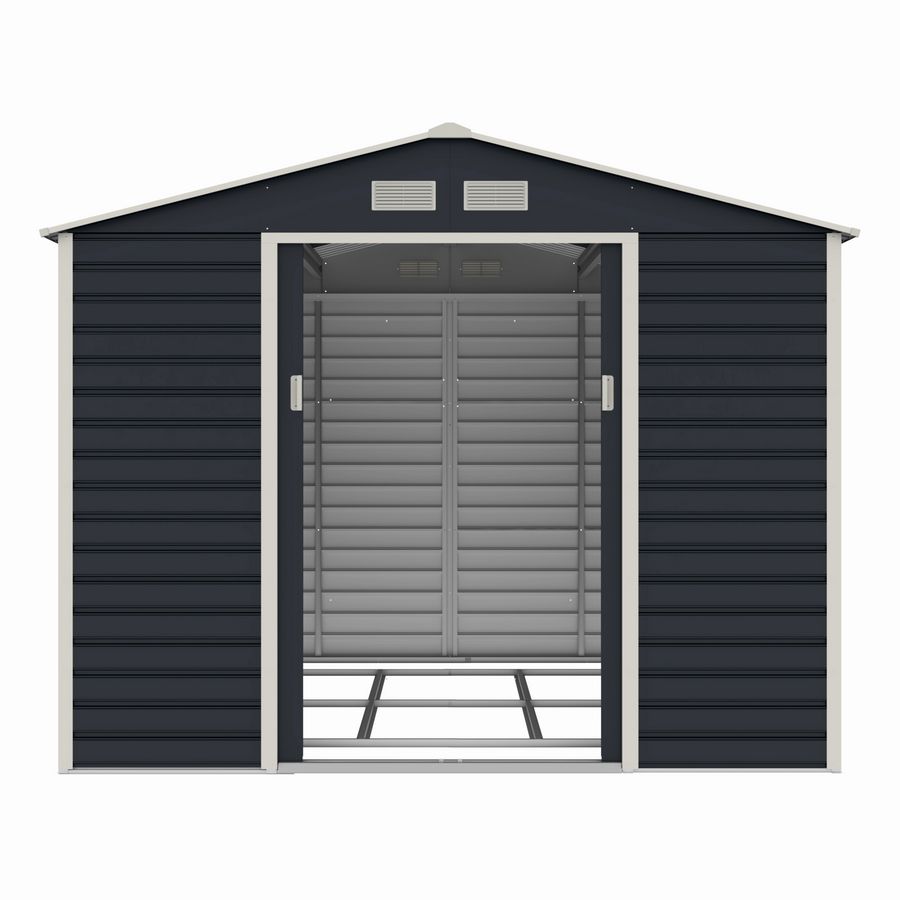 Casuta / magazie de gradina metalica MESTERINO Evan-Plus-E, gri/bej, 277x322x221 cm, cu usi culisante, baza metalica CADOU