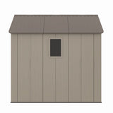 Casuta / magazie de gradina din polietilena HDPE MESTERINO Plato-B, usi si acoperis maro, pereti gri antracit, 250x246x242 cm, cu podea din plastic HDPE, cinci carlige si doua polite CADOU