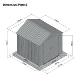 Casuta / magazie de gradina din polietilena HDPE MESTERINO Plato-B, usi si acoperis maro, pereti gri antracit, 250x246x242 cm, cu podea din plastic HDPE, cinci carlige si doua polite CADOU