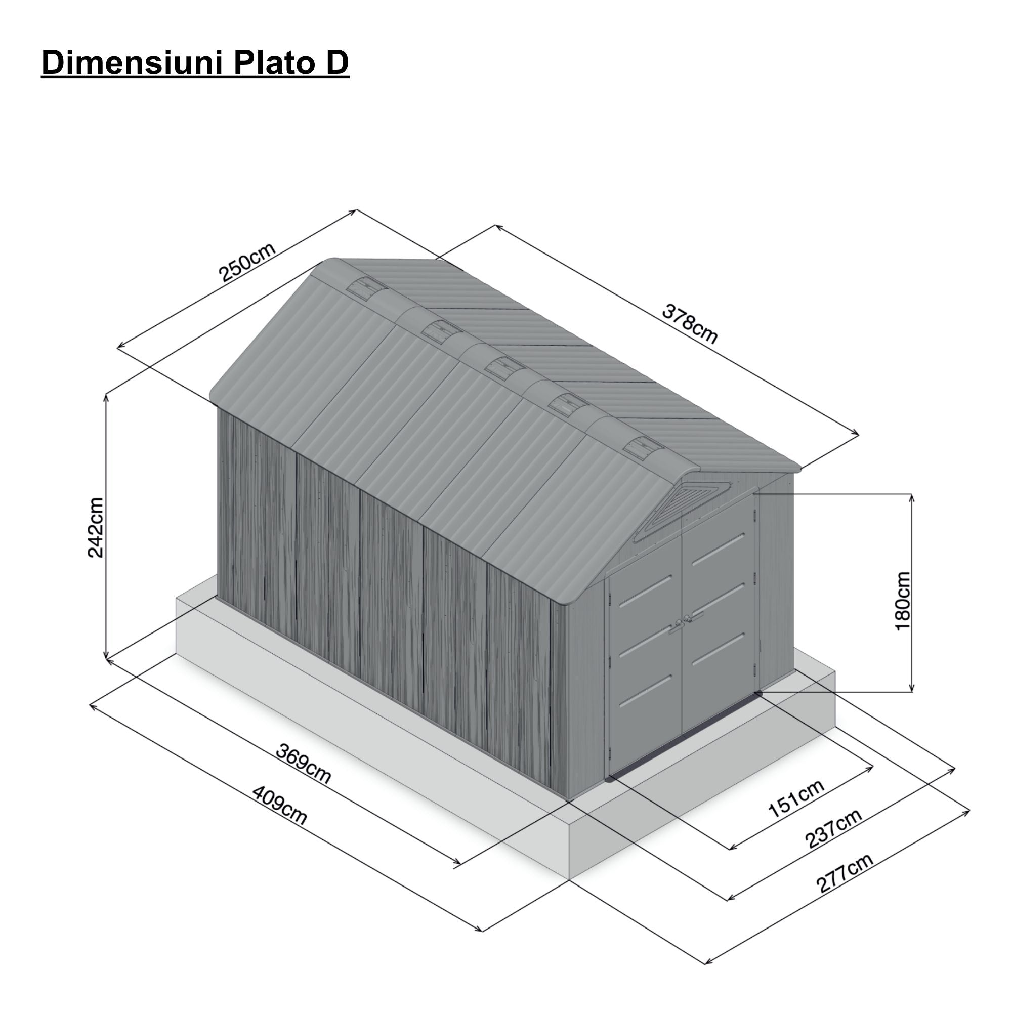 Casuta / magazie de gradina din polietilena HDPE Mesterino PLATO-D, usi si acoperis maro, pereti gri antracit, 250x378x242 cm, cu podea din plastic HDPE, cinci carlige si doua polite CADOU
