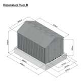 Casuta / magazie de gradina din polietilena HDPE Mesterino PLATO-D, usi si acoperis maro, pereti gri antracit, 250x378x242 cm, cu podea din plastic HDPE, cinci carlige si doua polite CADOU