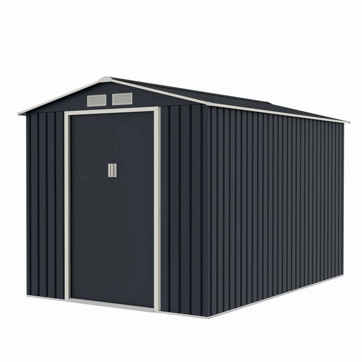 Casuta / magazie de gradina metalica MESTERINO Archer-Plus-C-3, gri/bej, 213x322x205 cm, cu usi culisante, baza metalica CADOU