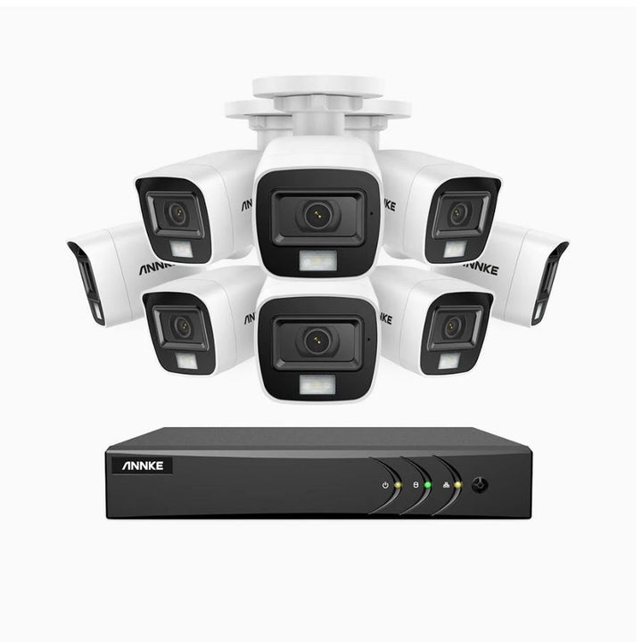 Sistem performant de supraveghere video ANNKE DW81KN+CR1CV*8, DVR 8 canale hibrid, 8 camere tip Bullet interior/exterior, 5MP, Ultra HD/2k+, lumina duala IR si alba, vedere nocturna, audio, rezistent la intemperii