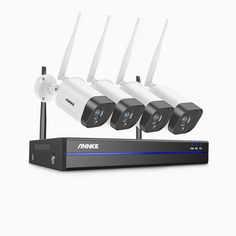 Sistem performant de supraveghere video WiFi ANNKE N48WHR+I71GK*4, NVR 8 canale, 4 camere tip Bullet 3MP, Super HD, vedere nocturna IR, audio, rezistent la intemperii