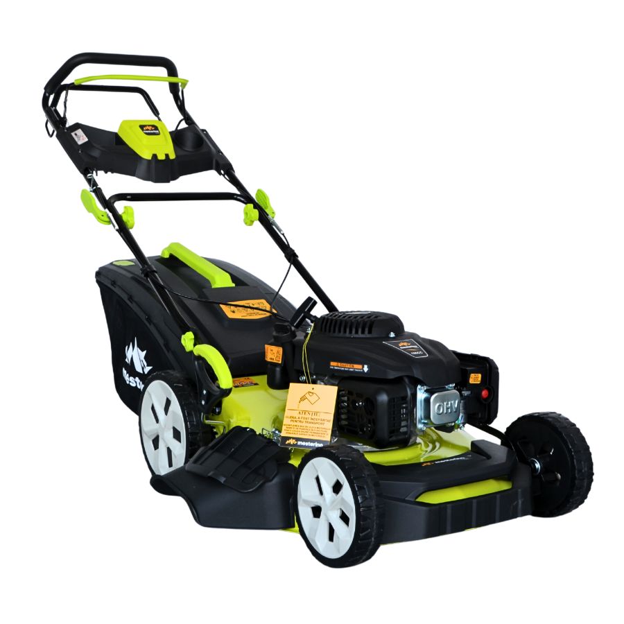 Masina tuns iarba/gazon autopropulsata MESTERINO BJXPM51-196, motor LONCIN 4 timpi, 5.5 cai, sasiu metal, latime taiere 51 cm, 8 nivele de taiere, sac colector 60 litri, evacuare lateral si mulcire