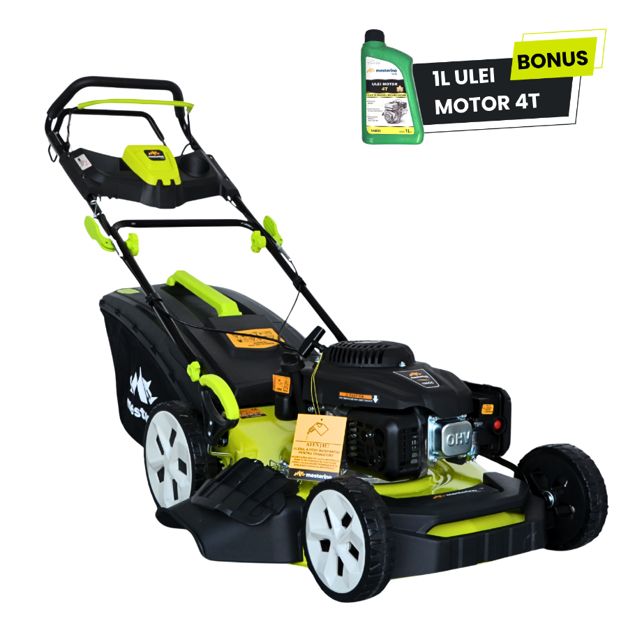 Masina tuns iarba/gazon autopropulsata MESTERINO BJXPM51-196, motor LONCIN 4 timpi, 5.5 cai, sasiu metal, latime taiere 51 cm, 8 nivele de taiere, sac colector 60 litri, evacuare lateral si mulcire