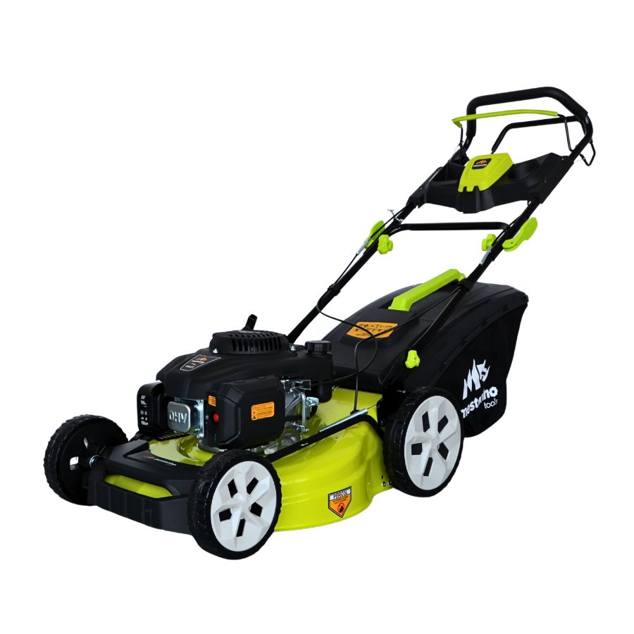 Masina tuns iarba/gazon autopropulsata MESTERINO BJXPM51-196, motor LONCIN 4 timpi, 5.5 cai, sasiu metal, latime taiere 51 cm, 8 nivele de taiere, sac colector 60 litri, evacuare lateral si mulcire