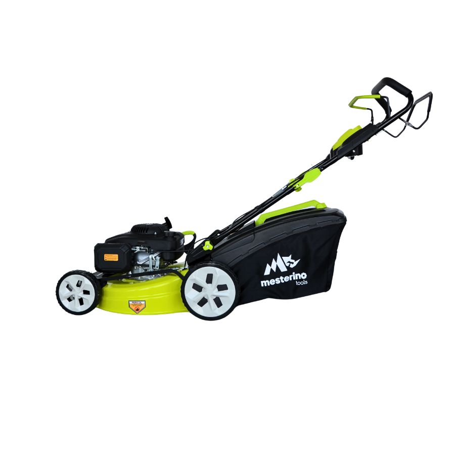 Masina tuns iarba/gazon autopropulsata MESTERINO BJXPM51-196, motor LONCIN 4 timpi, 5.5 cai, sasiu metal, latime taiere 51 cm, 8 nivele de taiere, sac colector 60 litri, evacuare lateral si mulcire