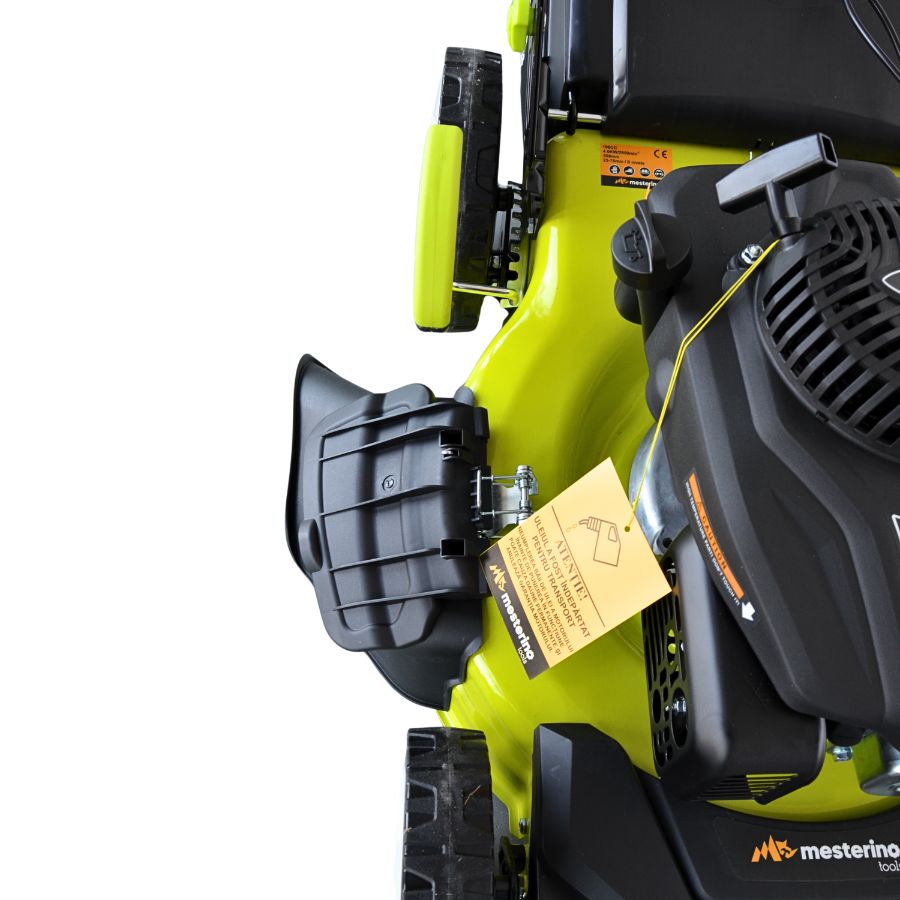 Masina tuns iarba/gazon autopropulsata MESTERINO BJXPM51-196, motor LONCIN 4 timpi, 5.5 cai, sasiu metal, latime taiere 51 cm, 8 nivele de taiere, sac colector 60 litri, evacuare lateral si mulcire