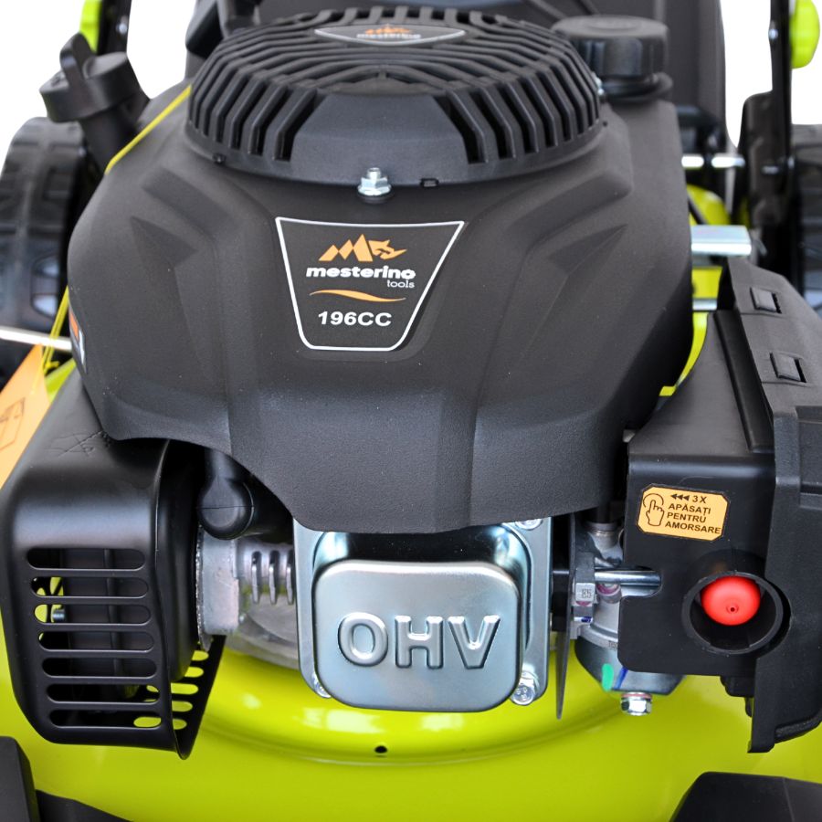 Masina tuns iarba/gazon autopropulsata MESTERINO BJXPM51-196, motor LONCIN 4 timpi, 5.5 cai, sasiu metal, latime taiere 51 cm, 8 nivele de taiere, sac colector 60 litri, evacuare lateral si mulcire