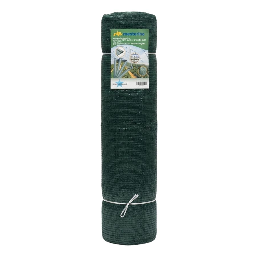 Plasa pentru umbrire, polietilena HDPE pura, MESTERINO 50105050, 10 m X 50 m, grad de umbrire 50%, densitate 50g/mp, verde inchis, protectie UV/IR