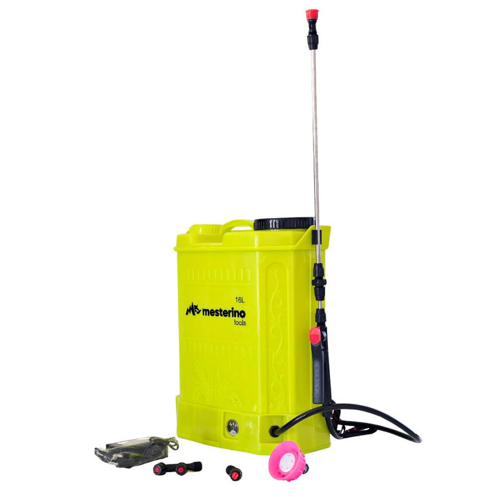 Pompa de stropit cu acumulator MESTERINO TOOLS MT-0584201, capacitate rezervor 16 litri, 12 V / 8 Ah, lungime lance 35 cm