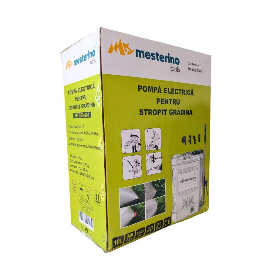 Pompa de stropit cu acumulator MESTERINO TOOLS MT-0584201, capacitate rezervor 16 litri, 12 V / 8 Ah, lungime lance 35 cm