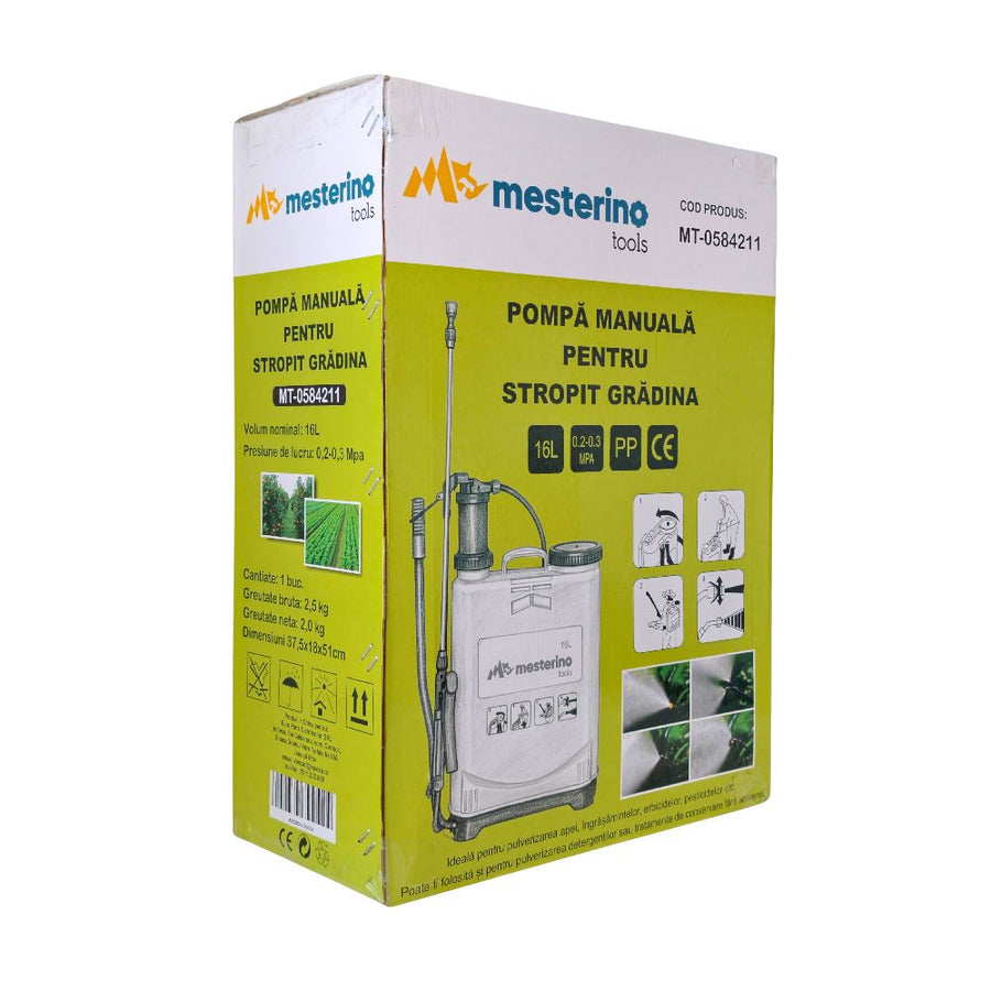 Pompa manuala de stropit MESTERINO TOOLS MT-0584211, capacitate rezervor 16 litri, lungime lance 35 cm
