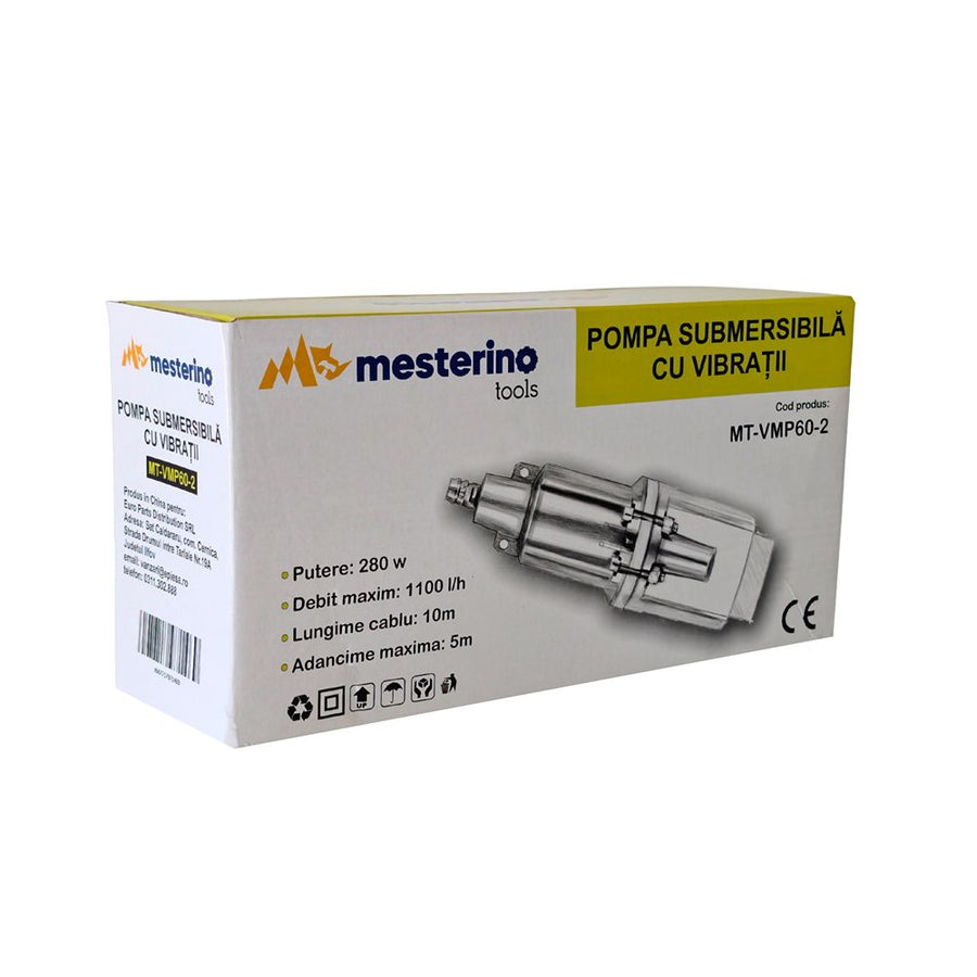 Pompa submersibila cu vibratii MESTERINO TOOLS MT-VMP60-2, 280 W, 1100 l/h, adancime maxima 5 m, cablu 10 m
