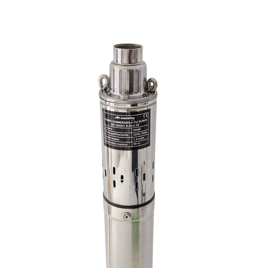 Pompa submersibila cu surub MESTERINO TOOLS MT-3QGD1.8-50-0.55, 550 W, debit maxim 1.8 m3/h, adancime maxima 50 m, cablu 15 m