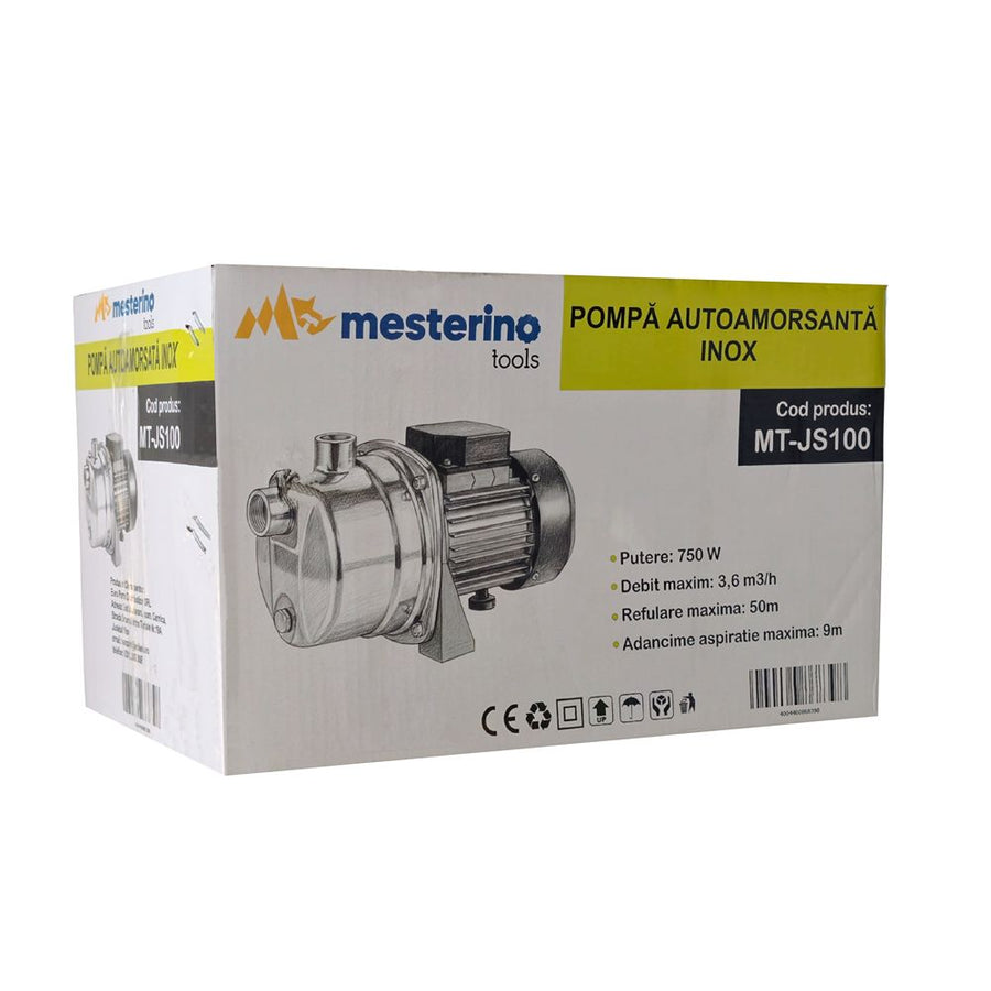 Pompa de suprafata autoamorsanta din inox MESTERINO TOOLS MT-JS100, 750 W, 3.6 m3/h, adancime aspiratie maxima 9 m, inaltime refulare maxima 50 m