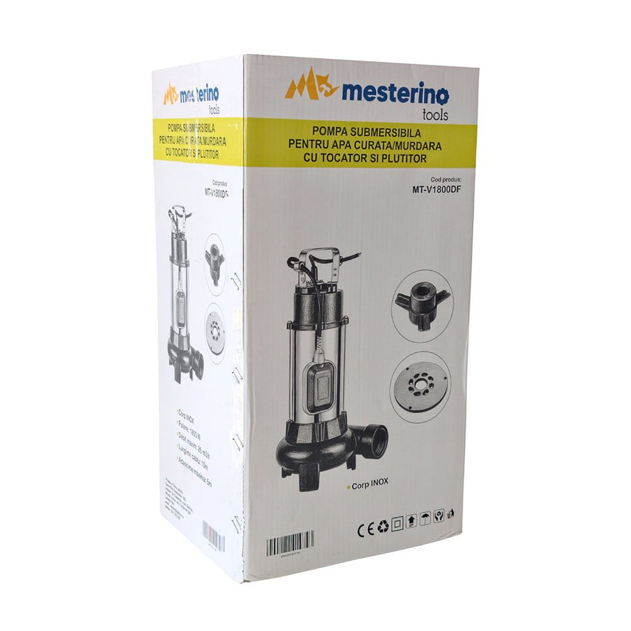 Pompa submersibila pentru apa curata/murdara cu tocator si plutitor MESTERINO TOOLS MT-V1800DF, corp INOX, 1800 W, 26 m3/h, adancime maxima 5 m, cablu 10 m