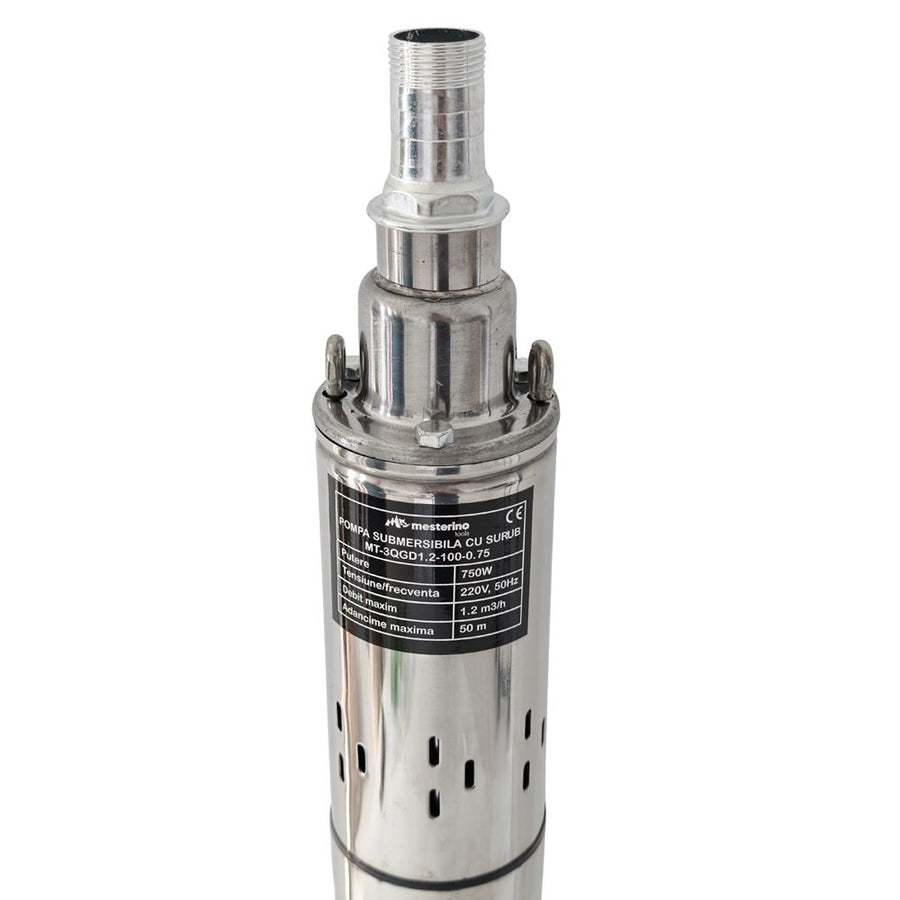 Pompa submersibila cu surub MESTERINO TOOLS MT-3QGD1.2-100-0.75, corp INOX, 750 W, debit maxim 1.2 m3/h, adancime maxima 50 m, cablu 10 m