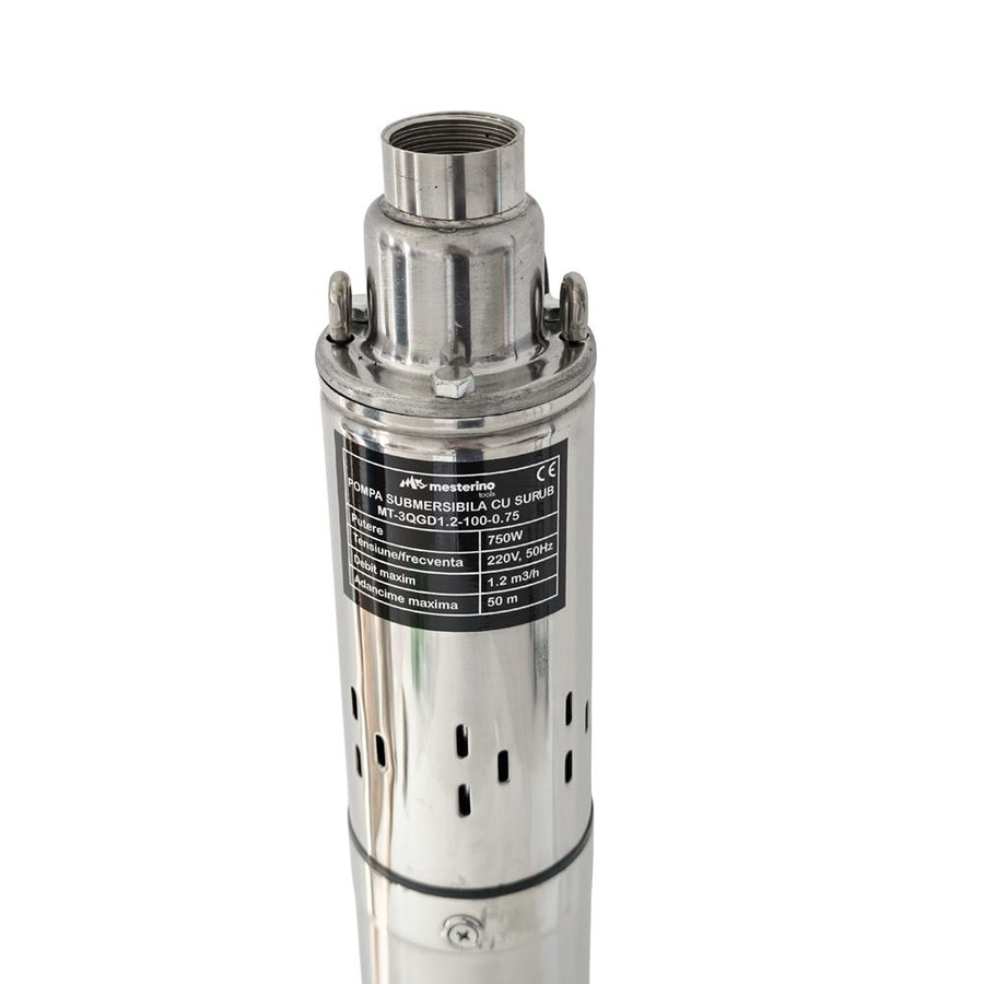 Pompa submersibila cu surub MESTERINO TOOLS MT-3QGD1.2-100-0.75, corp INOX, 750 W, debit maxim 1.2 m3/h, adancime maxima 50 m, cablu 10 m