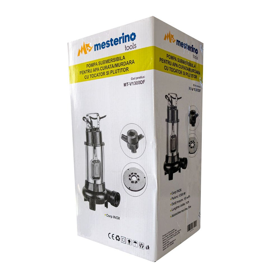 Pompa submersibila pentru apa curata/murdara cu tocator si plutitor MESTERINO TOOLS MT-V1300DF, corp INOX, 1300 W, 18 m3/h, adancime maxima 5 m, cablu 10 m