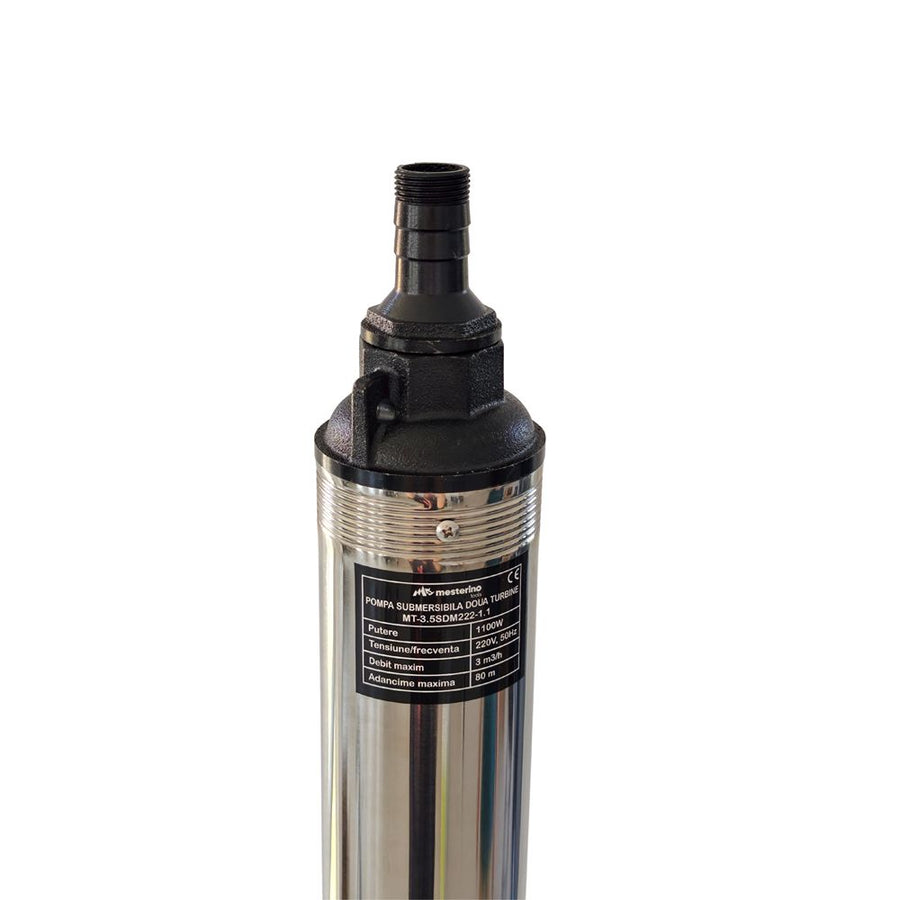 Pompa submersibila pentru apa curata cu 2 turbine si corp INOX MESTERINO TOOLS MT-3.5SDM222-1.1, 1100 W, 3 m3/h, adancime maxima 80 m, cablu 15 m