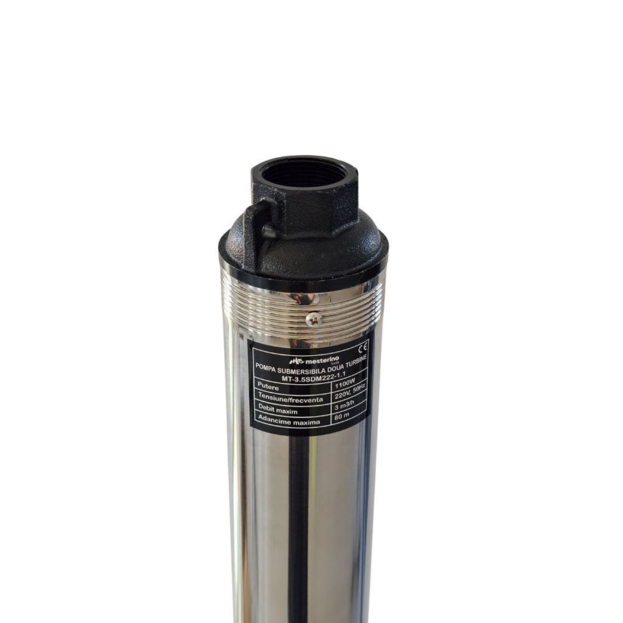 Pompa submersibila pentru apa curata cu 2 turbine si corp INOX MESTERINO TOOLS MT-3.5SDM222-1.1, 1100 W, 3 m3/h, adancime maxima 80 m, cablu 15 m