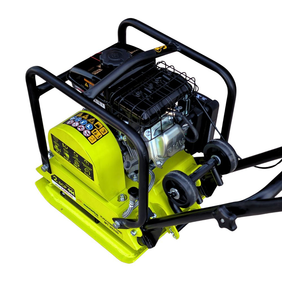 Placa compactoare cu kit roti MESTERINO TOOLS MT-29340, motor LONCIN 79 cc pe benzina, putere 2.8 CP, dimensiuni placa 400 x 320 mm, 5900 vpm, forta centrifuga 8200 N, greutate de operare 50 kg